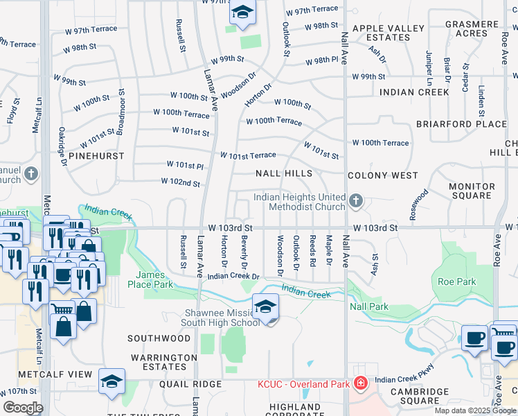 map of restaurants, bars, coffee shops, grocery stores, and more near 10216 Dearborn Drive in Overland Park