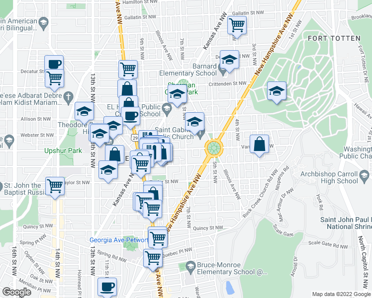 map of restaurants, bars, coffee shops, grocery stores, and more near 7th Street Northwest & Varnum Street Northwest in Washington