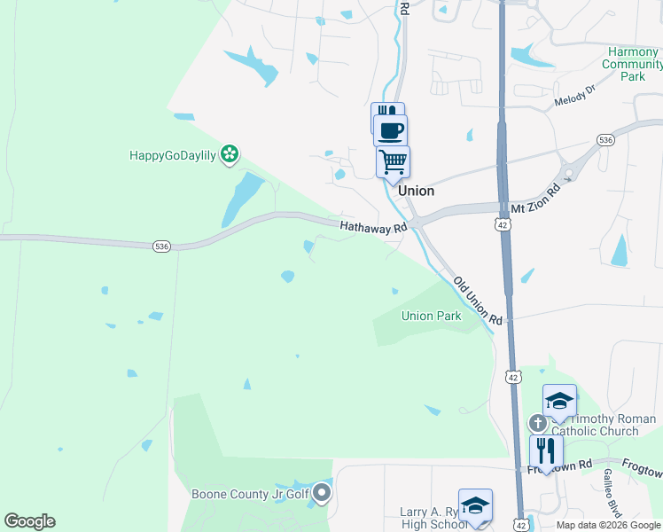map of restaurants, bars, coffee shops, grocery stores, and more near 2063 Hathaway Road in Union