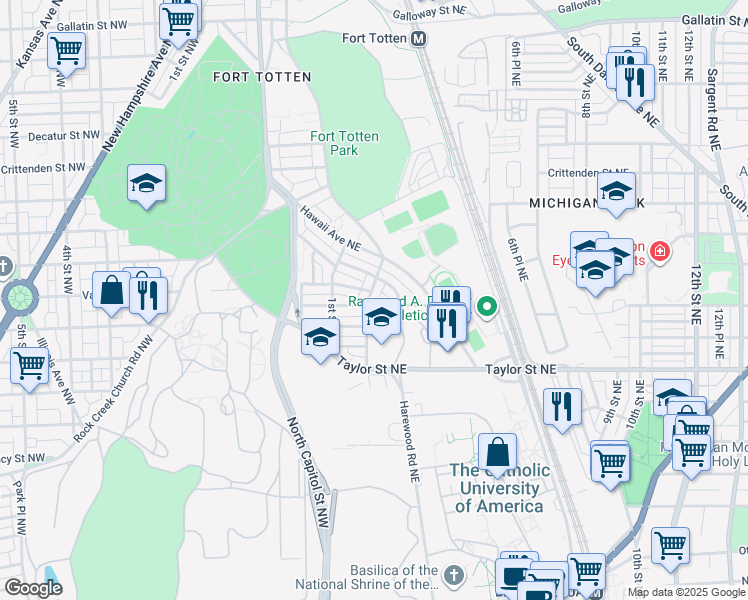 map of restaurants, bars, coffee shops, grocery stores, and more near 4401 2nd Street Northeast in Washington
