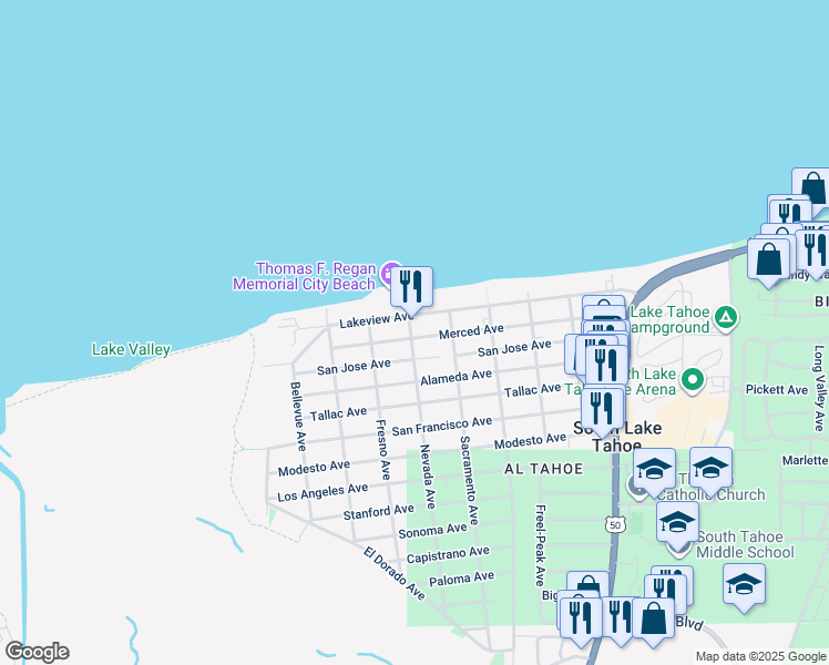 map of restaurants, bars, coffee shops, grocery stores, and more near 3170 Nevada Avenue in South Lake Tahoe