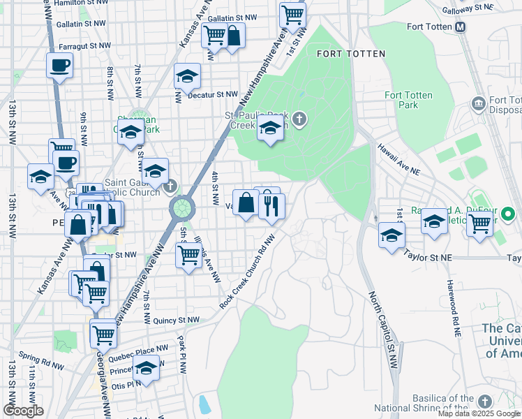 map of restaurants, bars, coffee shops, grocery stores, and more near 210 Varnum Street Northwest in Washington