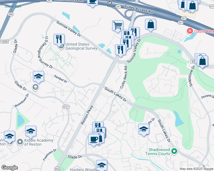 map of restaurants, bars, coffee shops, grocery stores, and more near 2065 Royal Fern Court in Reston