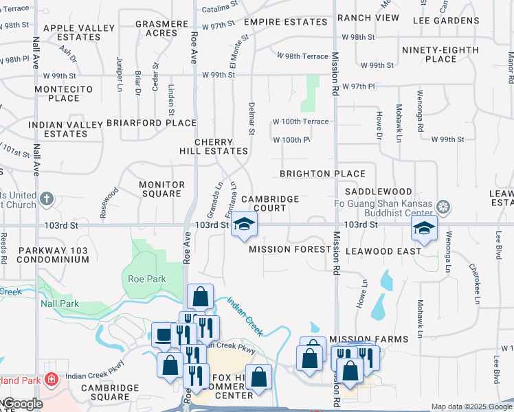map of restaurants, bars, coffee shops, grocery stores, and more near 10221 El Monte Street in Overland Park