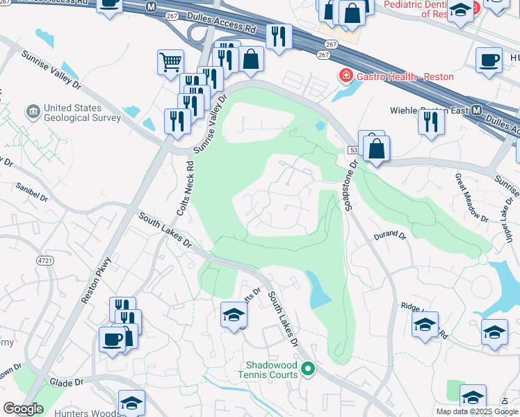 map of restaurants, bars, coffee shops, grocery stores, and more near 2145 Golf Course Drive in Reston