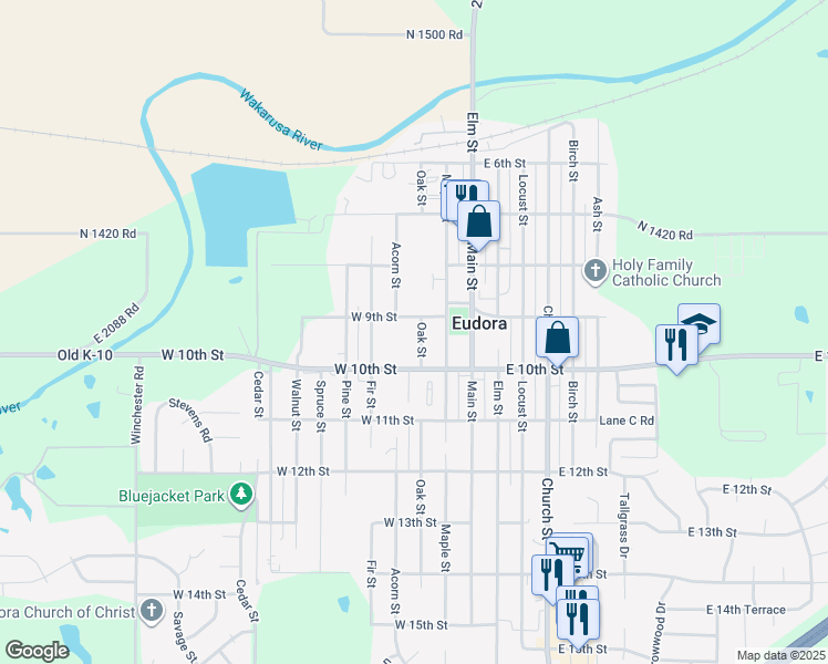 map of restaurants, bars, coffee shops, grocery stores, and more near 909 Oak Street in Eudora