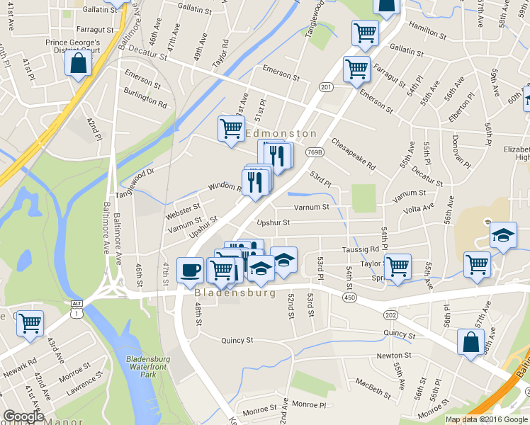 map of restaurants, bars, coffee shops, grocery stores, and more near 4309 Edmonston Rd in Bladensburg