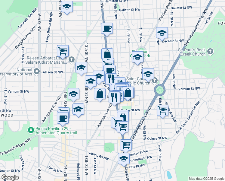 map of restaurants, bars, coffee shops, grocery stores, and more near 4300 Georgia Avenue Northwest in Washington
