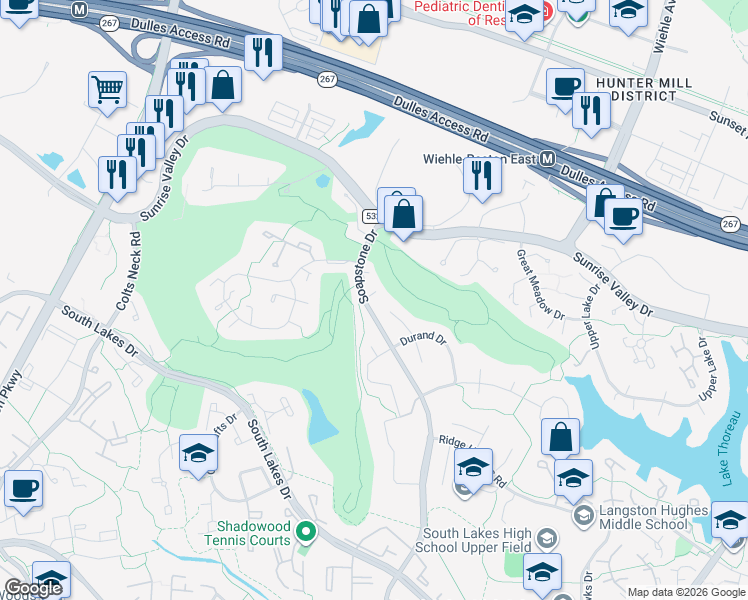 map of restaurants, bars, coffee shops, grocery stores, and more near 2023 Soapstone Drive in Reston