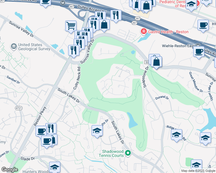 map of restaurants, bars, coffee shops, grocery stores, and more near 2145 Golf Course Drive in Reston