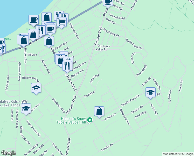 map of restaurants, bars, coffee shops, grocery stores, and more near 3764 Ruby Way in South Lake Tahoe