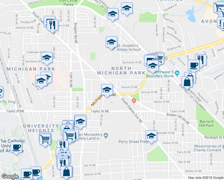 map of restaurants, bars, coffee shops, grocery stores, and more near 4418 South Dakota Avenue Northeast in Washington