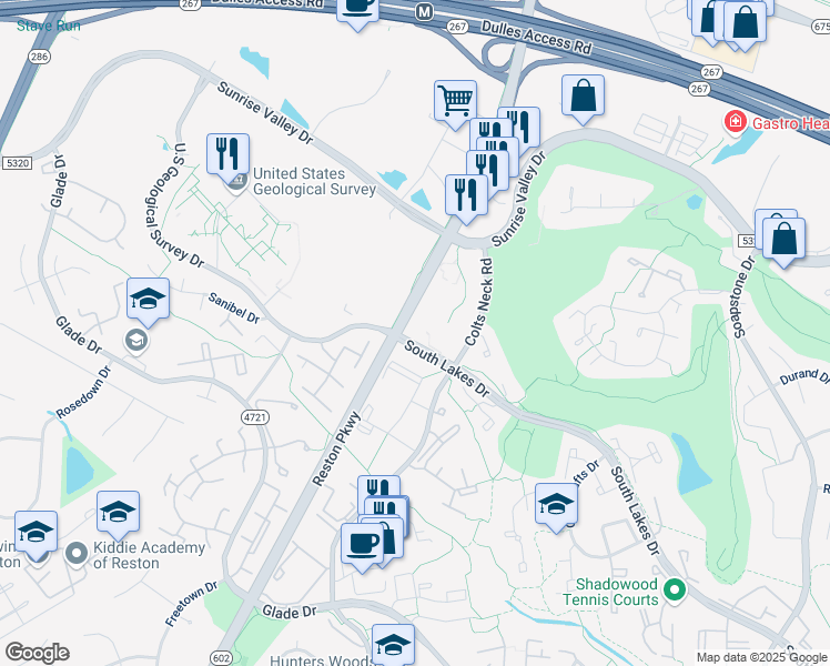 map of restaurants, bars, coffee shops, grocery stores, and more near 2065 Royal Fern Court in Reston
