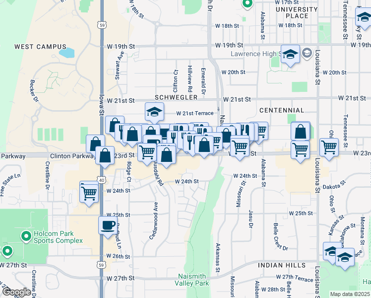 map of restaurants, bars, coffee shops, grocery stores, and more near 1516 West 23rd Street in Lawrence