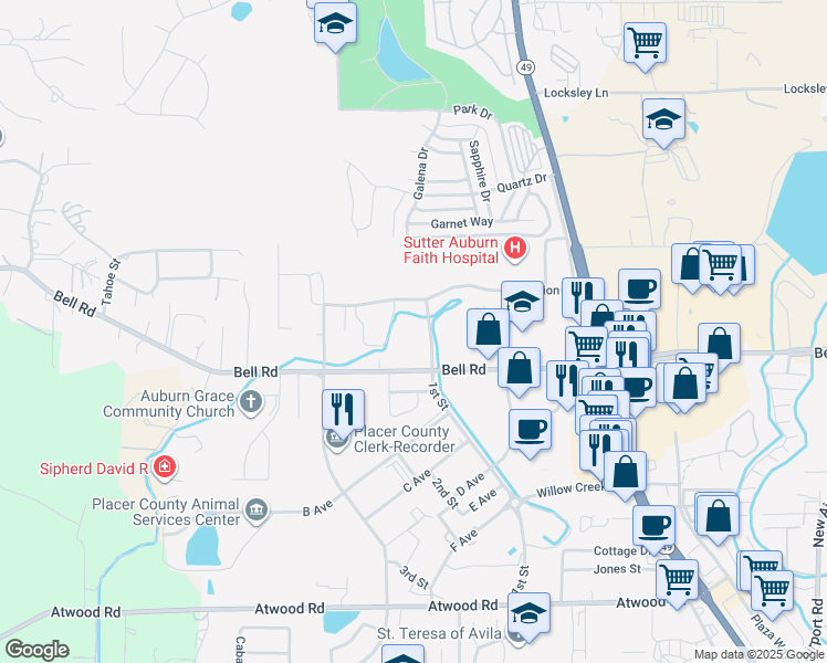 map of restaurants, bars, coffee shops, grocery stores, and more near 3265 Blue Oaks Drive in Auburn