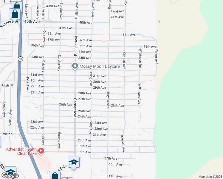 map of restaurants, bars, coffee shops, grocery stores, and more near 16165 29th Avenue in Clearlake