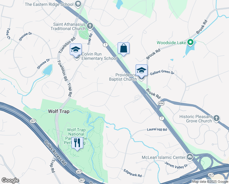 map of restaurants, bars, coffee shops, grocery stores, and more near 1409 Wolftrap Run Road in Vienna