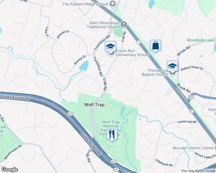 map of restaurants, bars, coffee shops, grocery stores, and more near 1435 Trap Road in Vienna