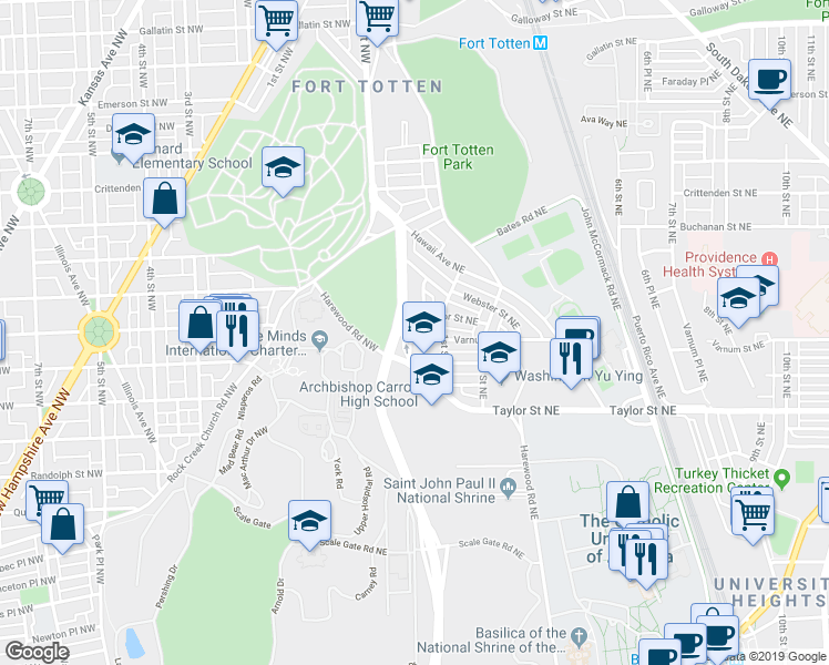 map of restaurants, bars, coffee shops, grocery stores, and more near 30 Varnum Street Northeast in Washington