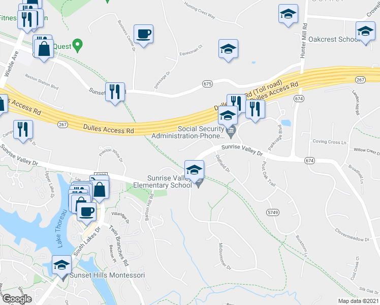 map of restaurants, bars, coffee shops, grocery stores, and more near 1800 Alexander Bell Drive in Reston