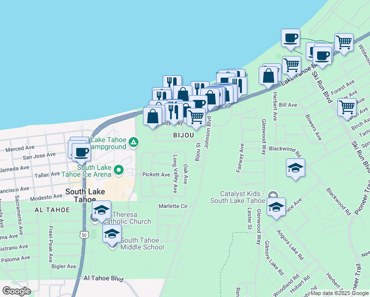 map of restaurants, bars, coffee shops, grocery stores, and more near 3375 Deer Park Avenue in South Lake Tahoe