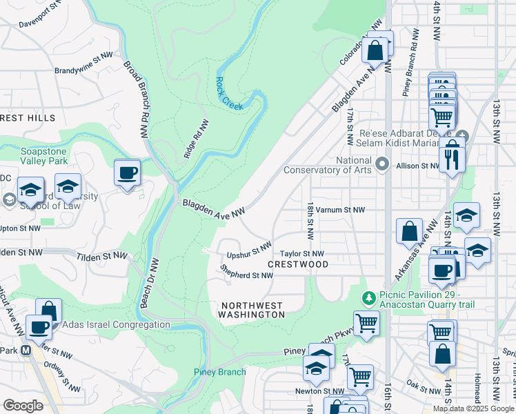 map of restaurants, bars, coffee shops, grocery stores, and more near 4231 Blagden Avenue Northwest in Washington