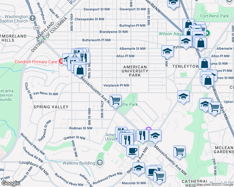 map of restaurants, bars, coffee shops, grocery stores, and more near 4500 Van Ness Street Northwest in Washington