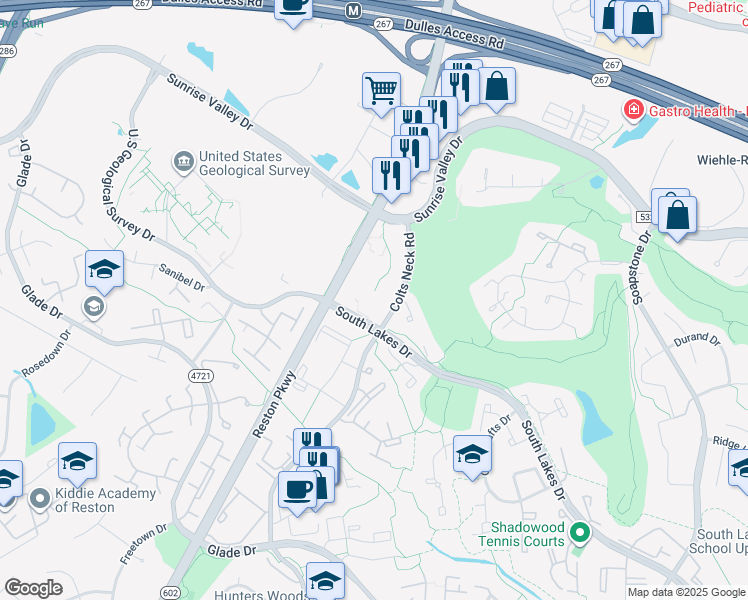 map of restaurants, bars, coffee shops, grocery stores, and more near 2045 Royal Fern Court in Reston