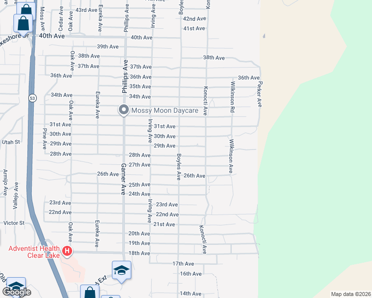 map of restaurants, bars, coffee shops, grocery stores, and more near 16165 29th Avenue in Clearlake
