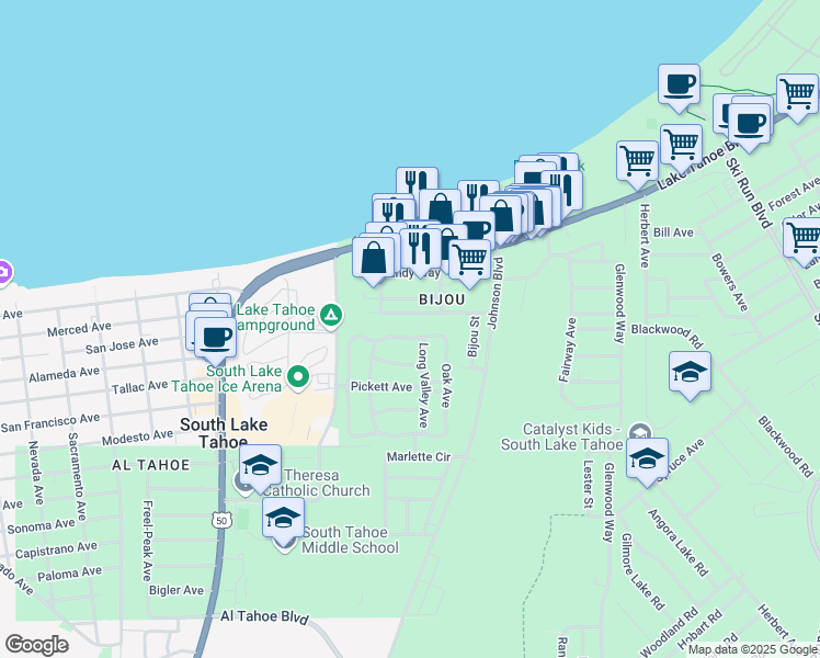 map of restaurants, bars, coffee shops, grocery stores, and more near 3347 Deer Park Avenue in South Lake Tahoe