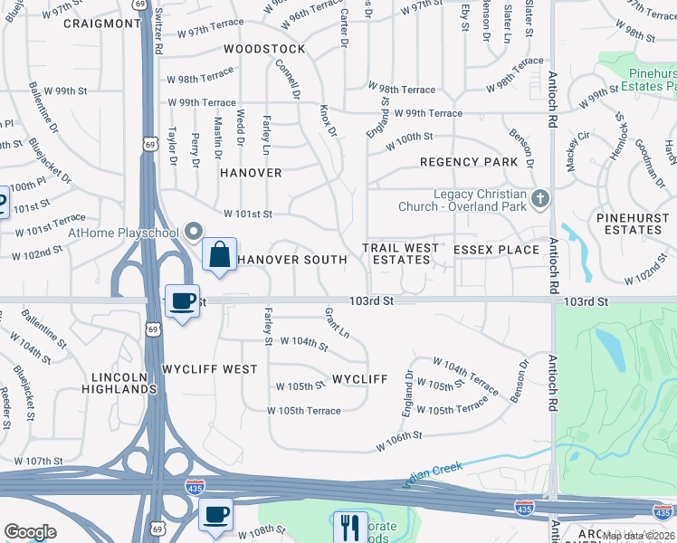 map of restaurants, bars, coffee shops, grocery stores, and more near 10222 Knox Drive in Overland Park