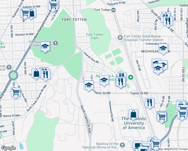 map of restaurants, bars, coffee shops, grocery stores, and more near 106 Varnum Street Northeast in Washington