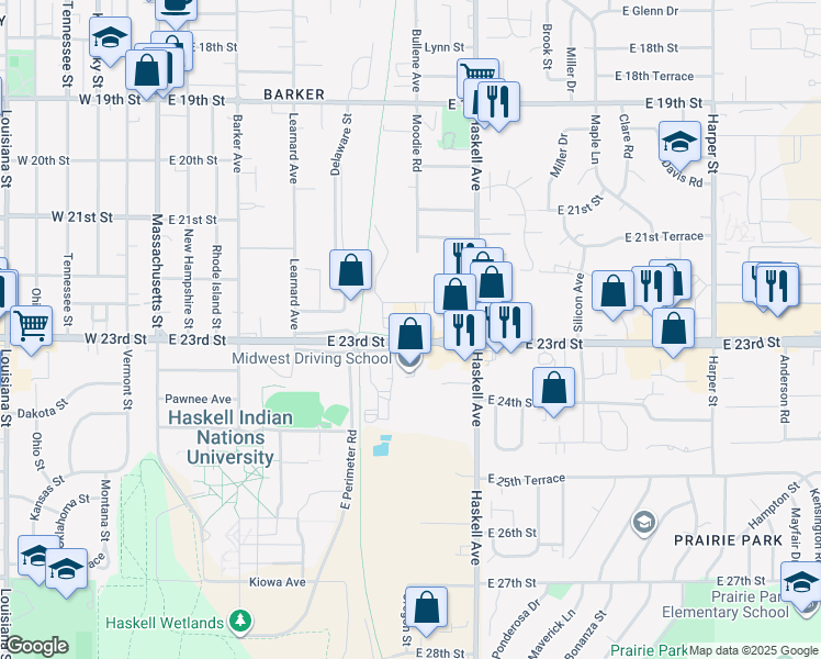 map of restaurants, bars, coffee shops, grocery stores, and more near 706 E 23rd St in Lawrence