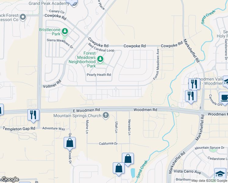 map of restaurants, bars, coffee shops, grocery stores, and more near 7667 Conifer Cone Grv in Colorado Springs