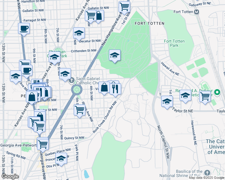 map of restaurants, bars, coffee shops, grocery stores, and more near 210 Varnum Street Northwest in Washington