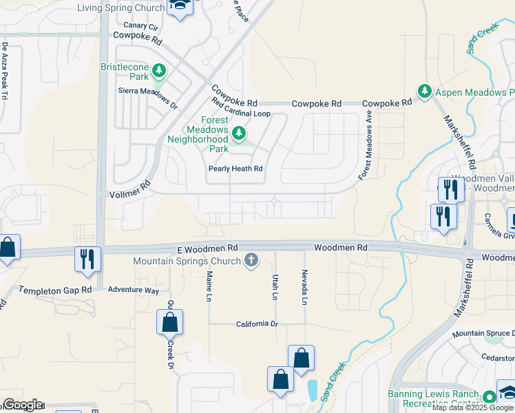 map of restaurants, bars, coffee shops, grocery stores, and more near 7667 Conifer Cone Grv in Colorado Springs