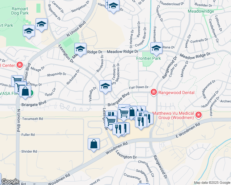 map of restaurants, bars, coffee shops, grocery stores, and more near 7625 Clover Hill Drive in Colorado Springs