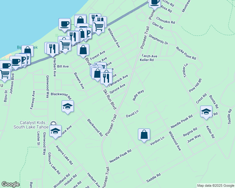 map of restaurants, bars, coffee shops, grocery stores, and more near 3685 Willow Avenue in South Lake Tahoe