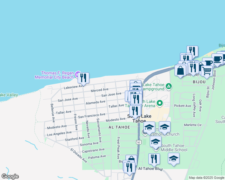 map of restaurants, bars, coffee shops, grocery stores, and more near 3167 Pasadena Avenue in South Lake Tahoe