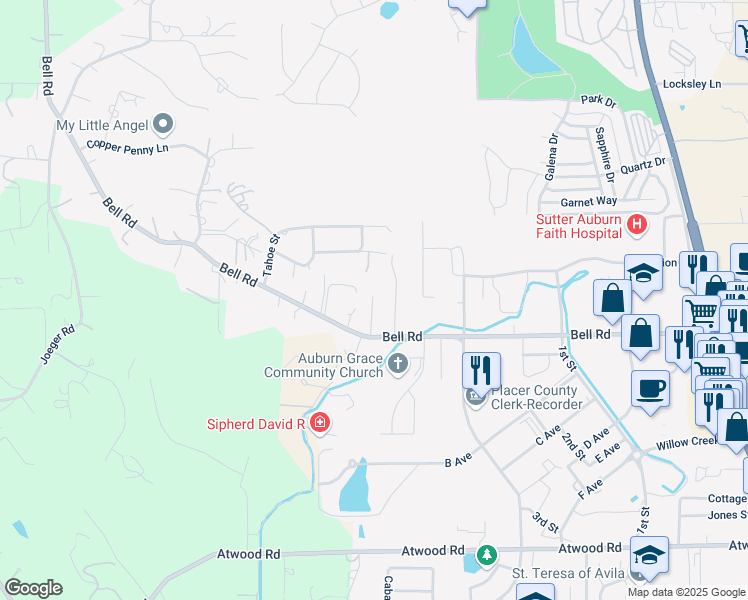 map of restaurants, bars, coffee shops, grocery stores, and more near 3261 Sunset Terrace in Auburn