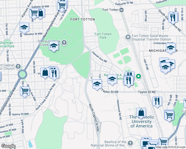 map of restaurants, bars, coffee shops, grocery stores, and more near 30 Varnum Street Northeast in Washington