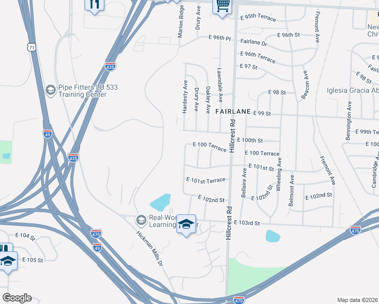 map of restaurants, bars, coffee shops, grocery stores, and more near 10004 Drury Avenue in Kansas City