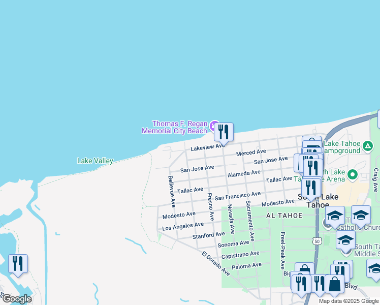 map of restaurants, bars, coffee shops, grocery stores, and more near 756 Lakeview Avenue in South Lake Tahoe