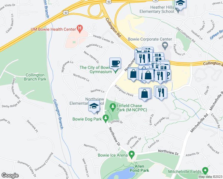 map of restaurants, bars, coffee shops, grocery stores, and more near 15201 Emily Court in Bowie