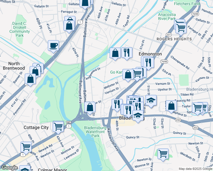 map of restaurants, bars, coffee shops, grocery stores, and more near 4700 Webster Street in Bladensburg