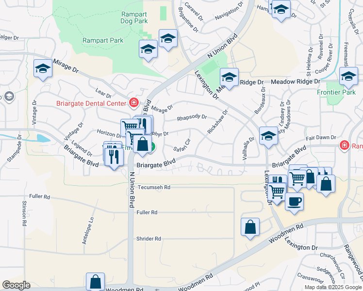 map of restaurants, bars, coffee shops, grocery stores, and more near 7646 Safari Circle in Colorado Springs