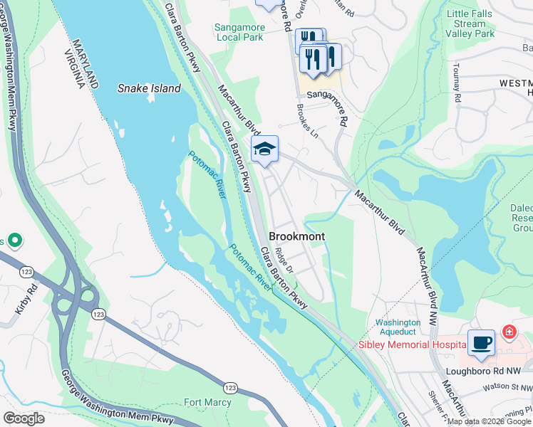 map of restaurants, bars, coffee shops, grocery stores, and more near 6410 Ridge Drive in Bethesda