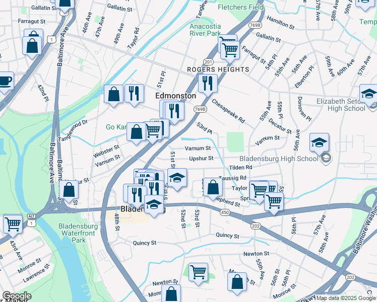map of restaurants, bars, coffee shops, grocery stores, and more near 5201 Varnum Street in Bladensburg