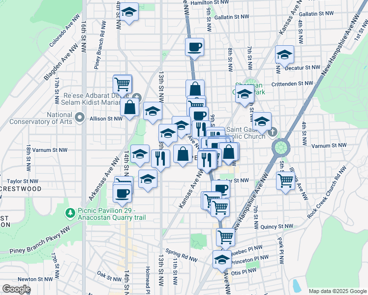map of restaurants, bars, coffee shops, grocery stores, and more near 4301 13th Street Northwest in Washington