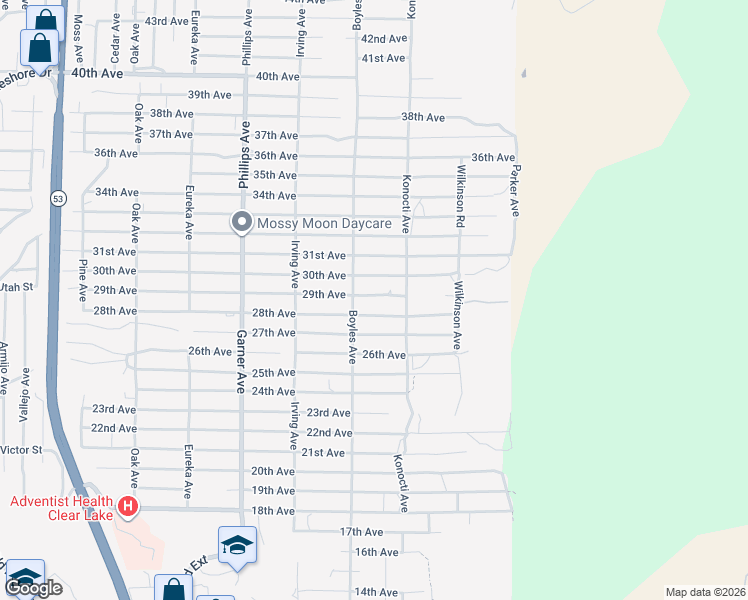 map of restaurants, bars, coffee shops, grocery stores, and more near 16175 29th Avenue in Clearlake